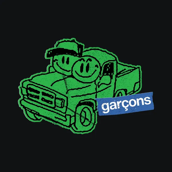 rugged album cover: green hand-drawn truck with two smiling faces and a blue garçons tape label